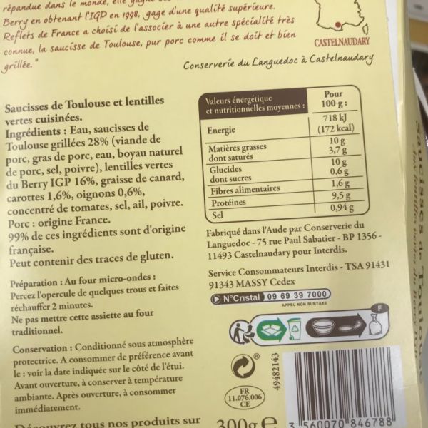 Saucisses de Toulouse Aux lentilles vertes du Berry IGP